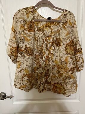 Sonoma Cream and Mustard Paisley Button-Front Blouse